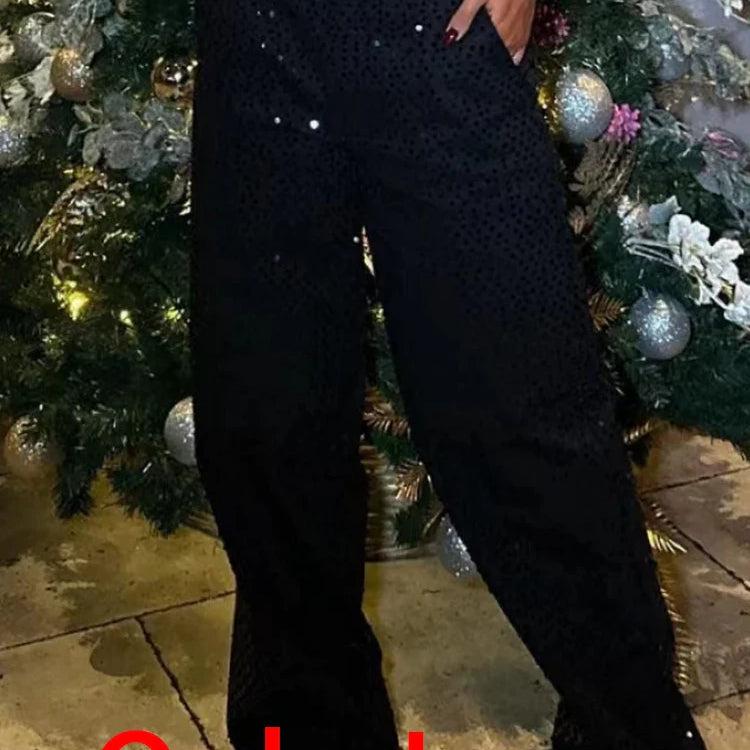 BKQU Fashion Sequins 2 Piece Pants Set Women Sexy Strapless Tank Tops and Loose Long Pants Female Luxury Party Club Chic Outfits Black Only Pants