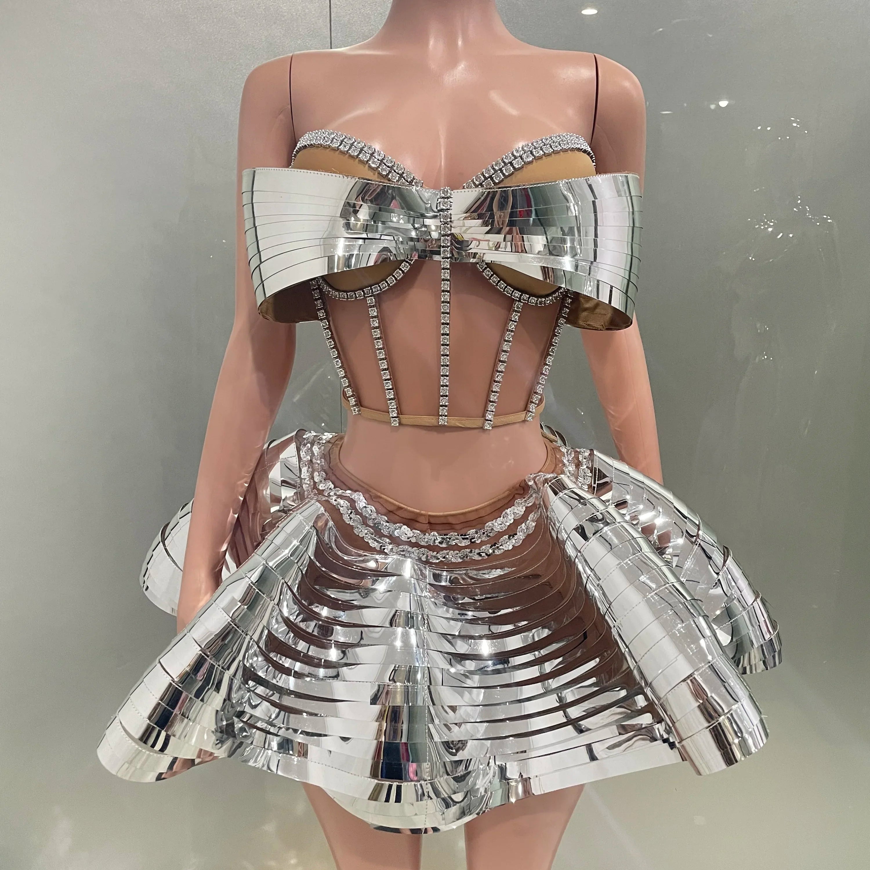 Sliver Mirror Surface Woman Set Stereoscopic Bows Strapless Tops And UFO Mini Skirt 2 Pieces Party Outfit Performance costume