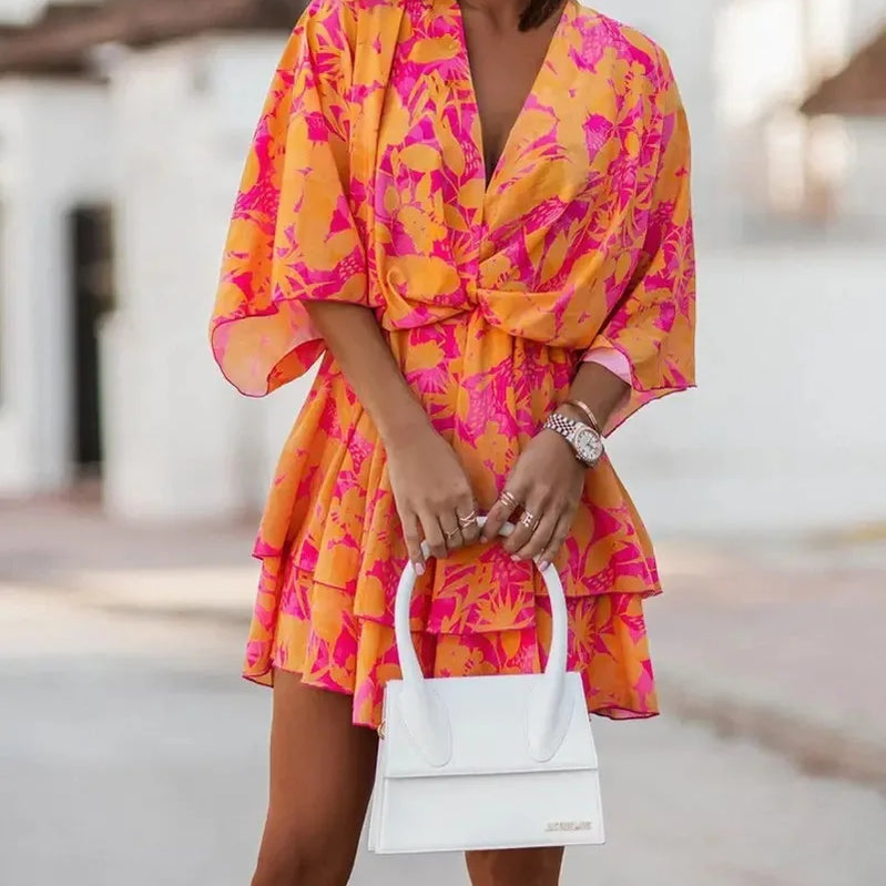 Women Bat Short Sleeve Dresses Summer Boho Floral Print High Waist Ruffle Vestido 2023 Holiday Party Sexy V Neck Robe Dresses Orange