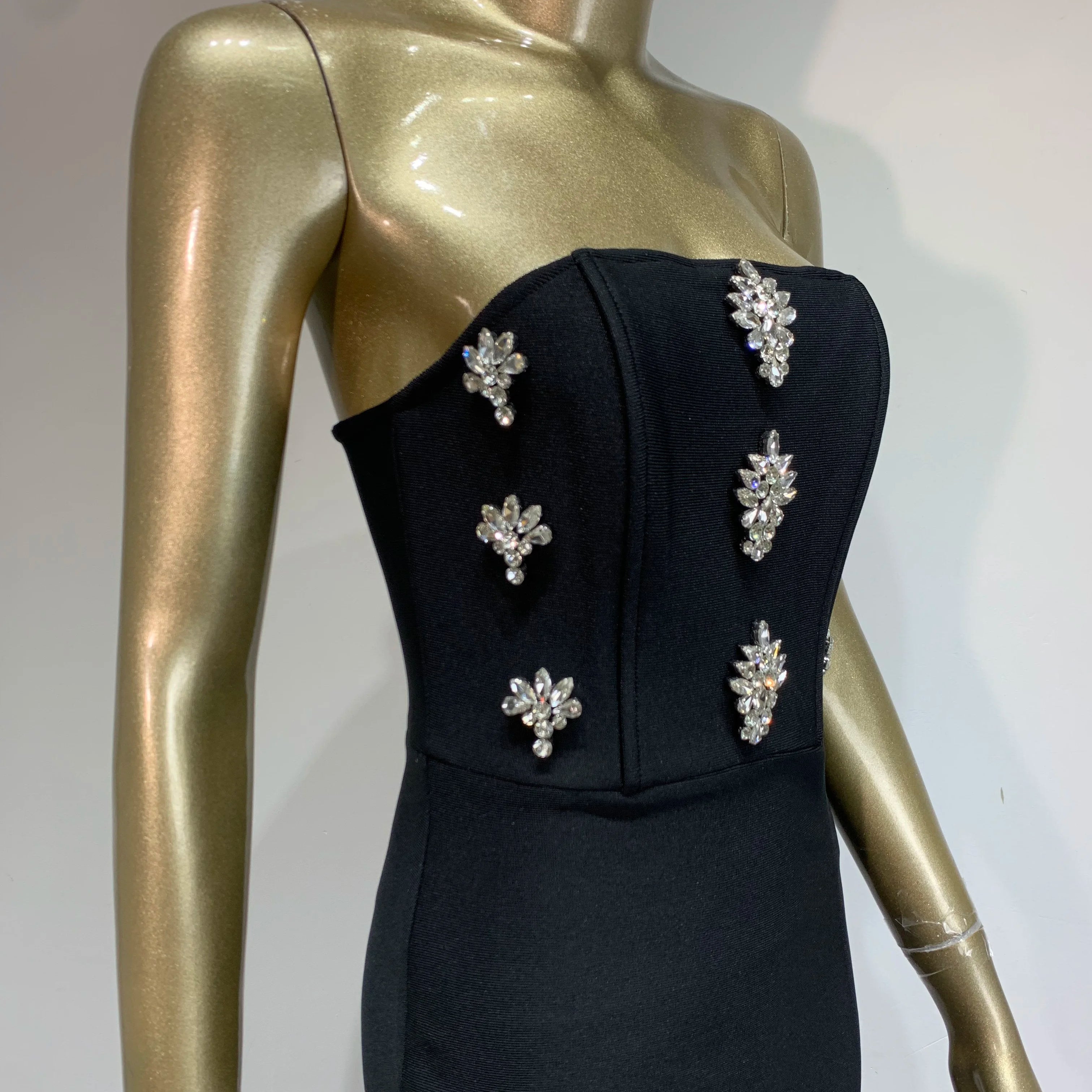 Women Celebrity Sexy Strapless Backless Diamonds Black Maxi Long Bodycon Bandage Dress 2024 Elegant Evening Club Party Outfit