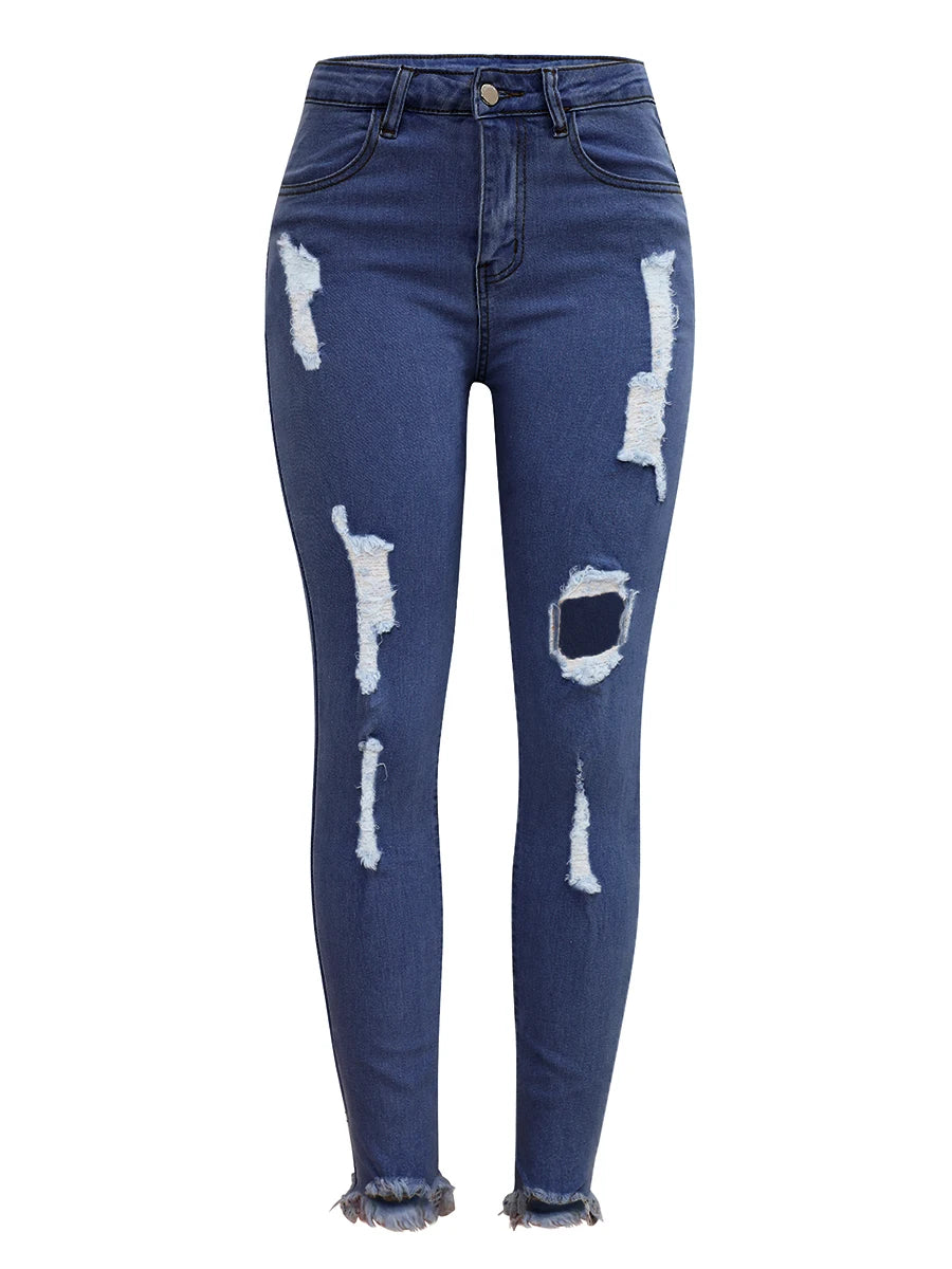 High Stretch Y2K Jeans Mid-Waist Fashion Hollow Out Classic Simple Stylish Distressed Ripped Raw Edges Hem Women Pants DEEP BLUE