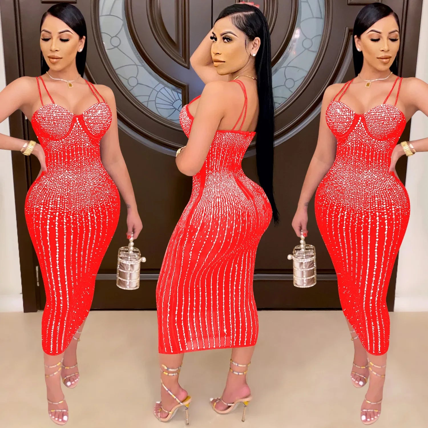 CM.YAYA Mesh See Though Hot Rhinestones Plunging V-neck Midi Bodycon Dress  Women Sexy Club Party Dresses Pencil Vestidos