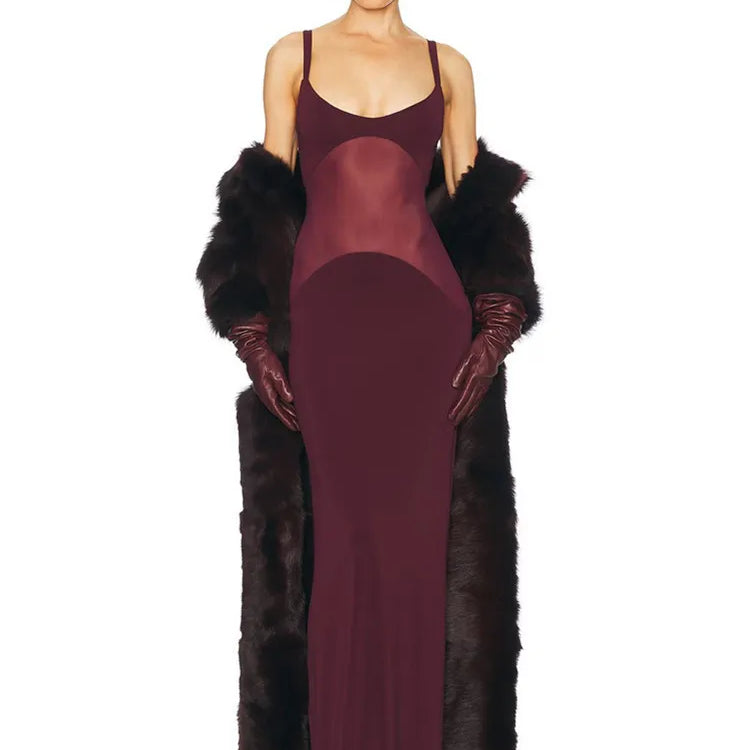 Luxury Women Celebrity Sexy Sleeveless Mesh Burgundy Maxi Long Gowns Dress 2025 Elegant Evening Party Club Vestido