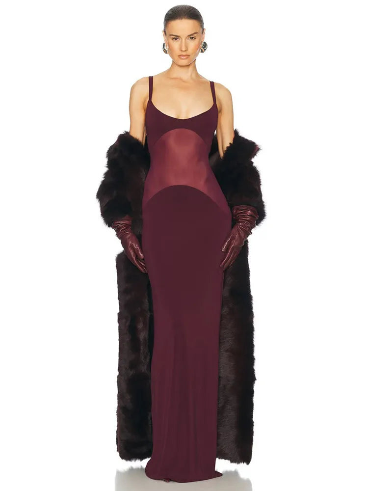 Luxury Women Celebrity Sexy Sleeveless Mesh Burgundy Maxi Long Gowns Dress 2025 Elegant Evening Party Club Vestido