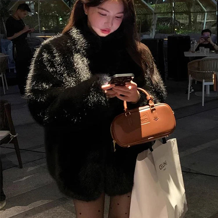Autumn Winter Black Soft Thick Warm Hairy Shaggy Faux Fox Fur Coat Women Stand Collar Long Sleeve Fluffy Jacket 2023