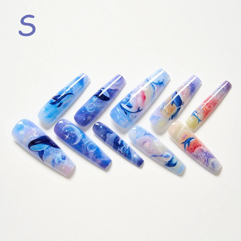 10Pcs/set Lucky Nine-tailed Fox Printed Chinese Style False Nails Long Press-on Acrylic Fakes Nails Adhesive Unique Design