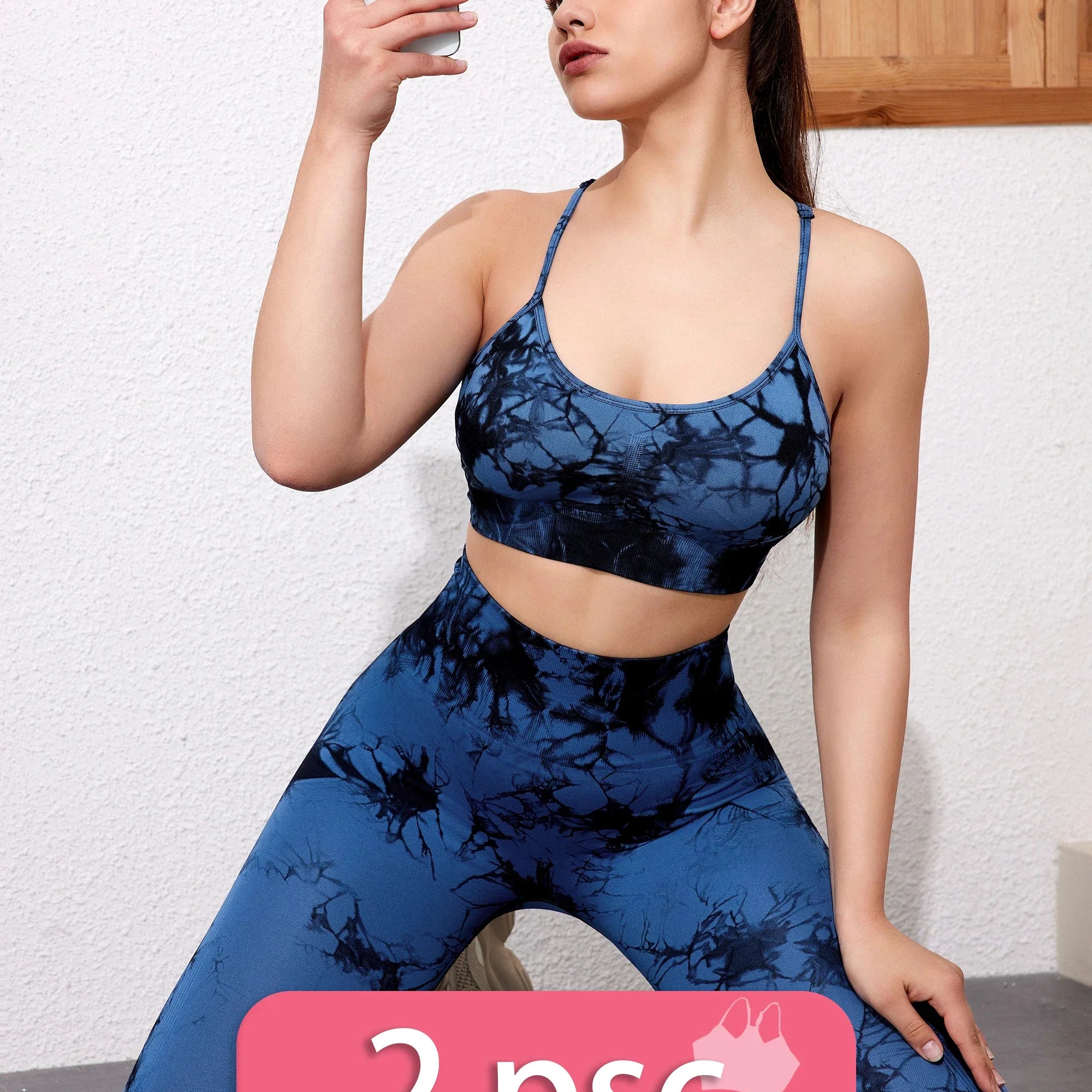 SALSPOR 1/2/3Pcs Tie Dye Seamless Butt Lifting Women Gym Set Stretch Running Outdoors Sport Yoga Outfit for Woman Skinny Shorts DBlue Pants Sets