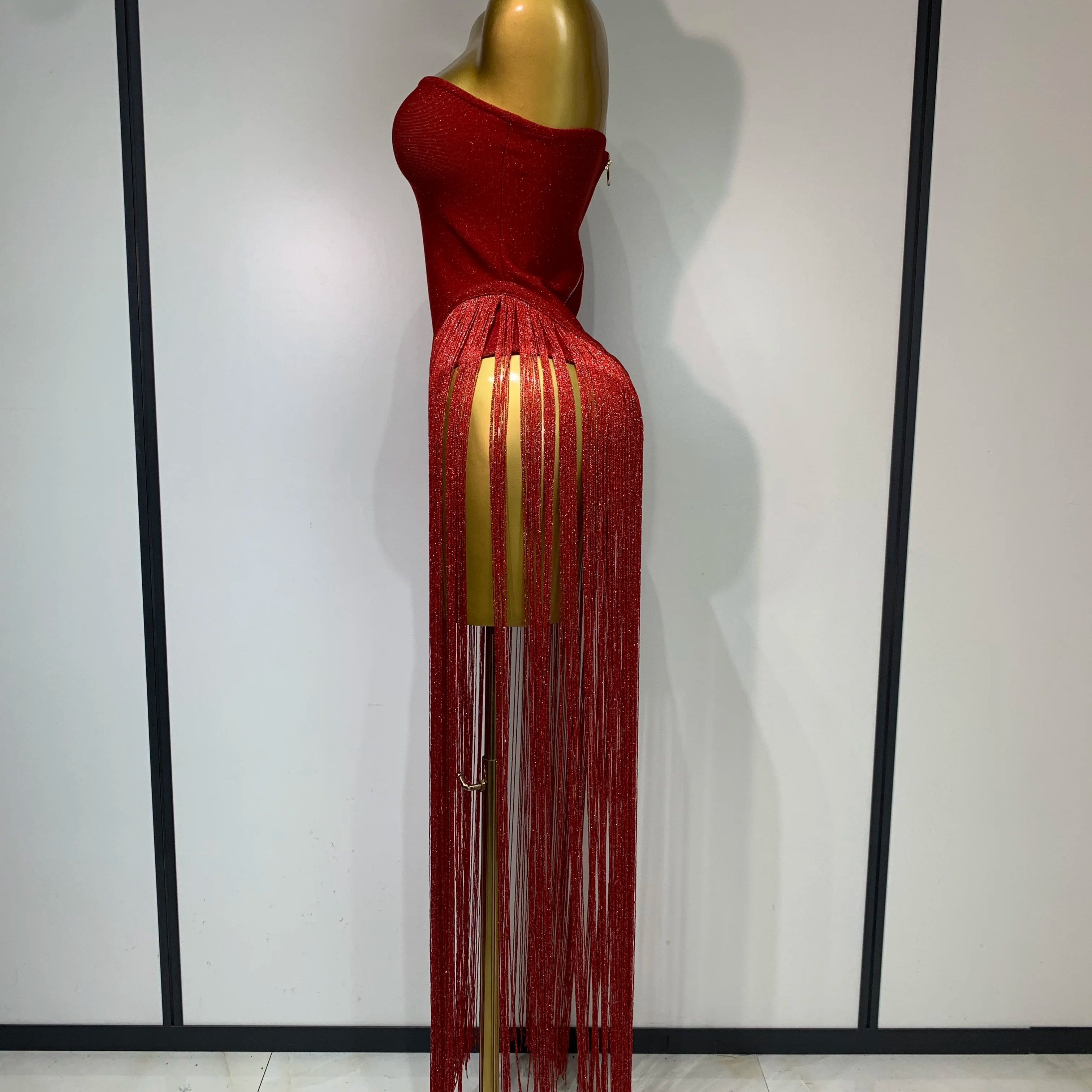 Fashion Design Long Tassel Patchwork Strapless Bandage Bodysuit Women Sexy High Street Evening Party Nightclub Hotwife Outfit