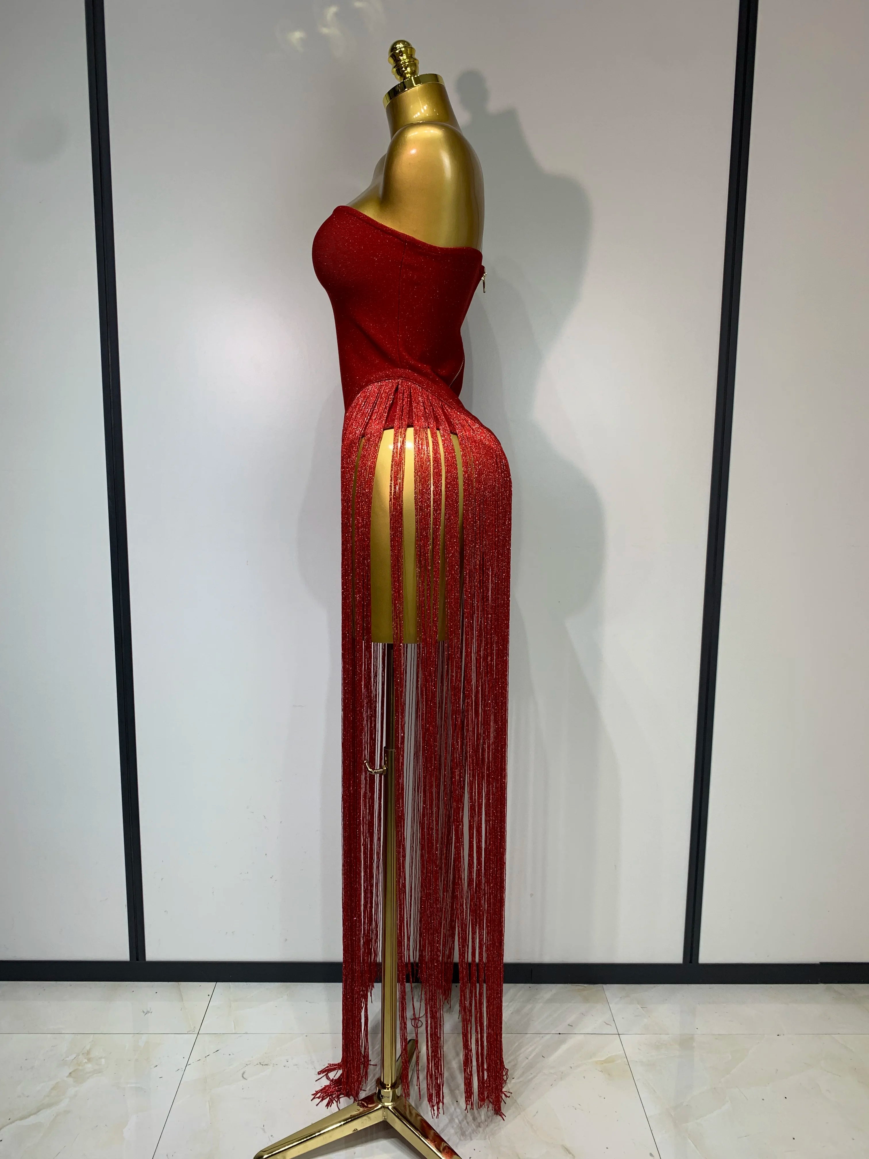 Fashion Design Long Tassel Patchwork Strapless Bandage Bodysuit Women Sexy High Street Evening Party Nightclub Hotwife Outfit