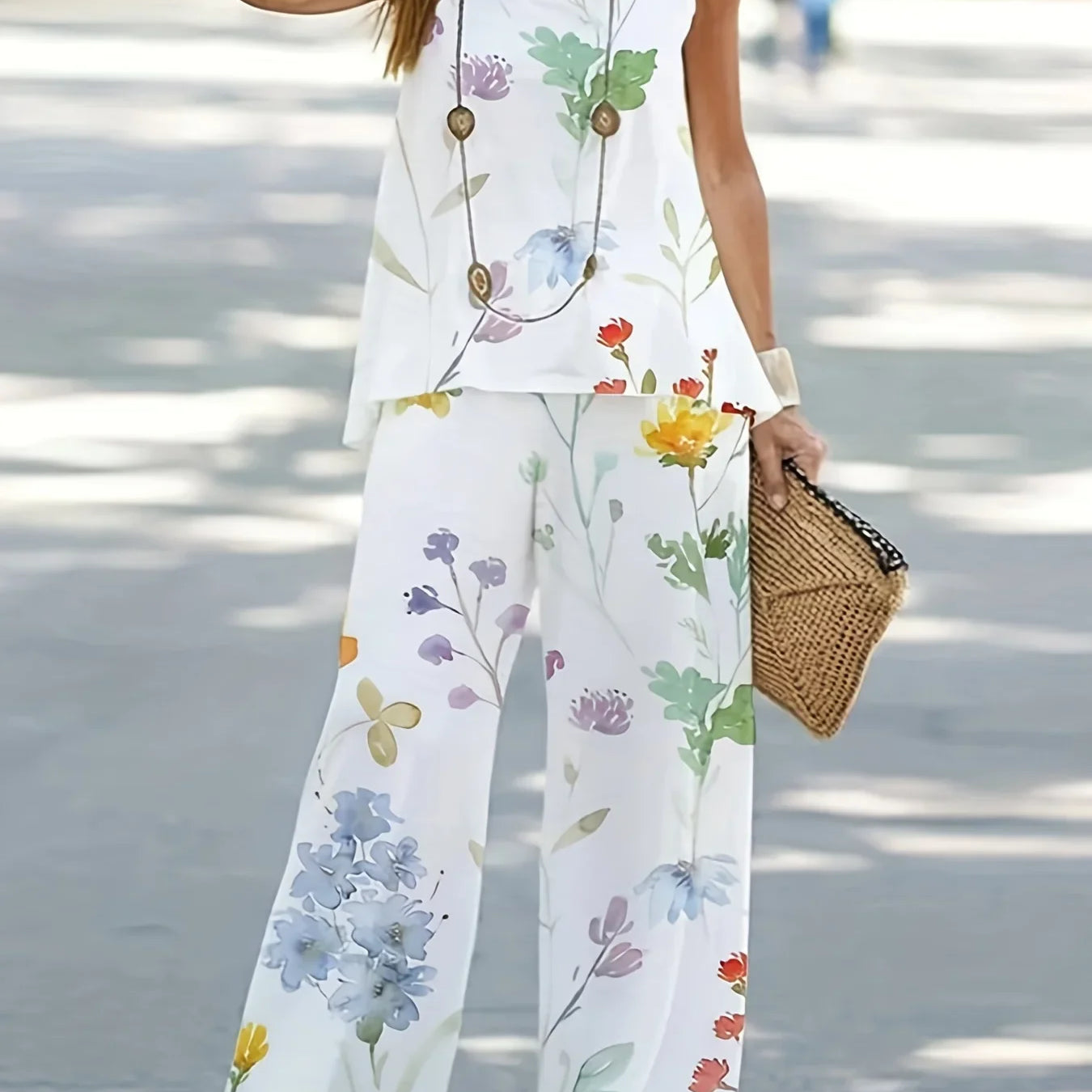 1XL-8XL Plus Size Women's Casual Outfits Two Piece Set Solid Round Neck Tank Top  Wide Leg Pants Outfits 2 Piece Set