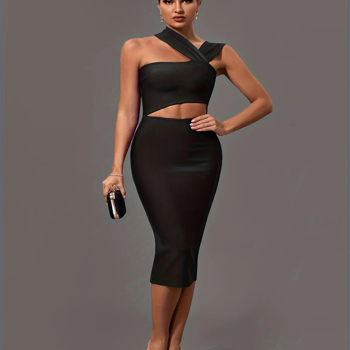 Black Bandage Dress Women Midi Party Dress Bodycon Elegant Halter Neck Sexy Cut Out Birthday Evening Club Outfits Summer