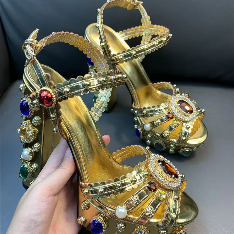 Women Chunky High Heels Shoes Platform Sandals For Women Rhinestone Metallic Gold Leather Shoes Woman Peep Toe Wedding Shoes