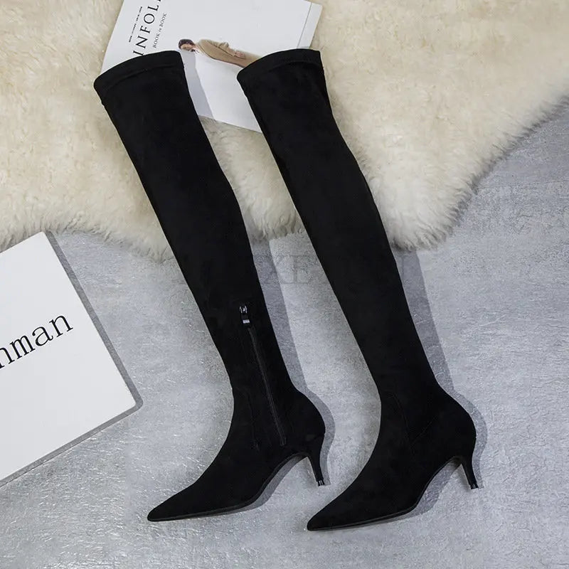Women Winter Boots Slim High Heel Suede Stretched Over Knee Long Boots Sexy Pointed Down Thigh Long Botas Fashion