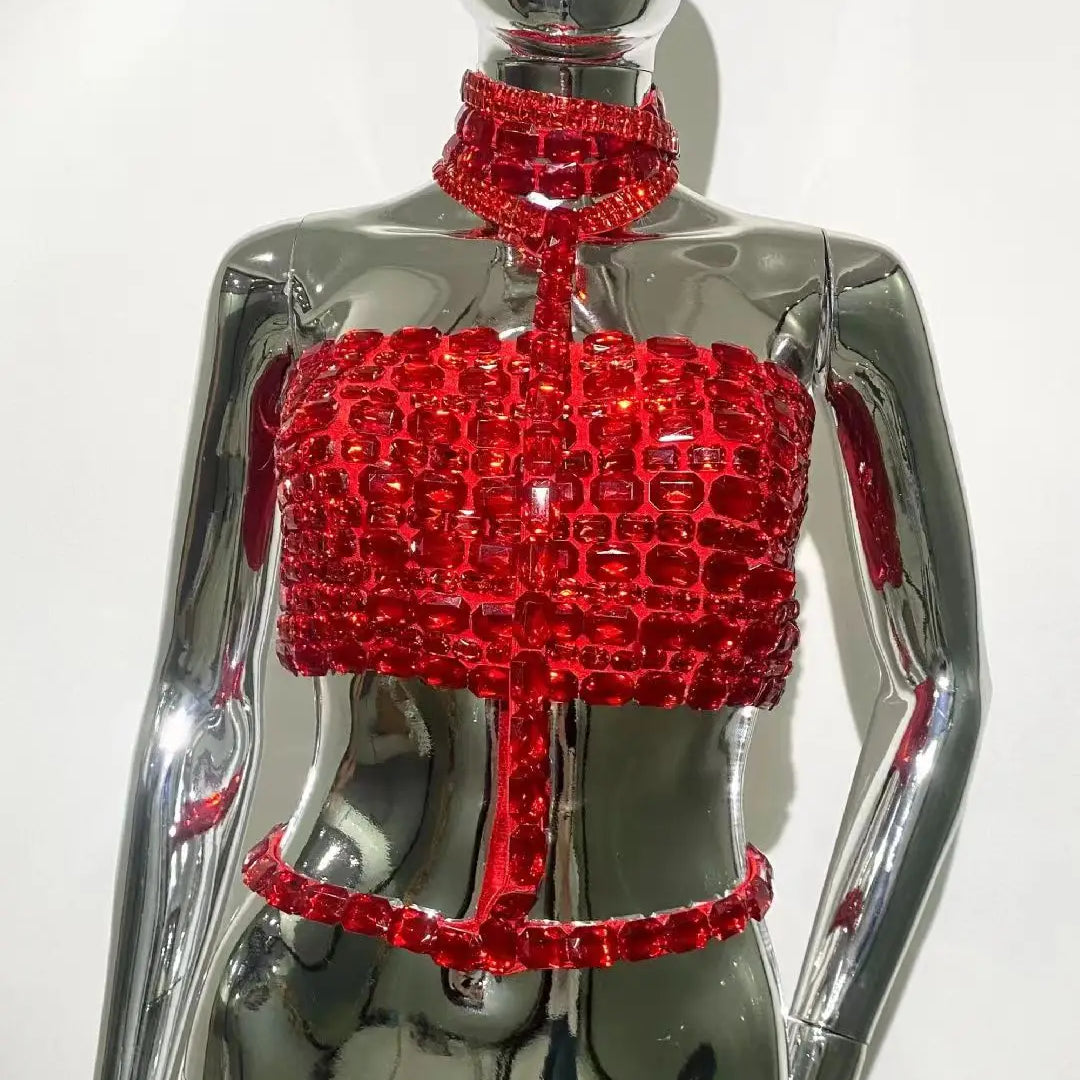 Ready To Ship Bandage Women Sexy Halter Big Crystal Bodycon Tops Celebrity Fashion Red Carpet Nightclub Party Wear Hot Sale