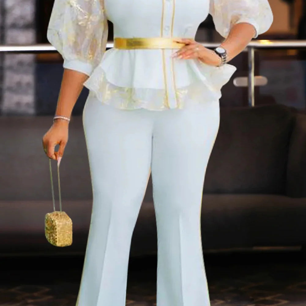 Plus Size Mother Of The Bride White Elegant Round Neck Puff Sleeve Half Sleeve Ruffle See Through Two Piece Pant Sets