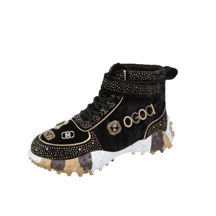 Hot Leather Casual Shoes Rhinestones High Top Sneakers Women Vulcanized Lace Up New Internet Celebrity All-Match Flat Thick Sole black-6708