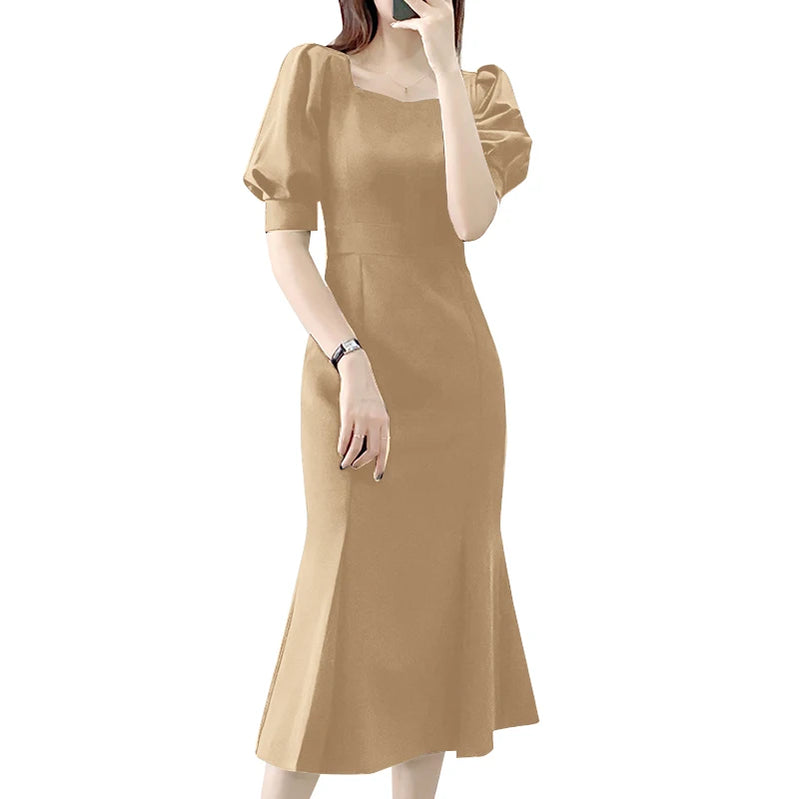 Elegant Party Midi Sundress Sexy Square Collar Holiday Short Puff Sleeve Mermaid Dresses Women Fashion Waisted Long Robe Khaki