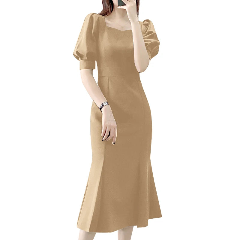 Elegant Party Midi Sundress Sexy Square Collar Holiday Short Puff Sleeve Mermaid Dresses Women Fashion Waisted Long Robe Khaki