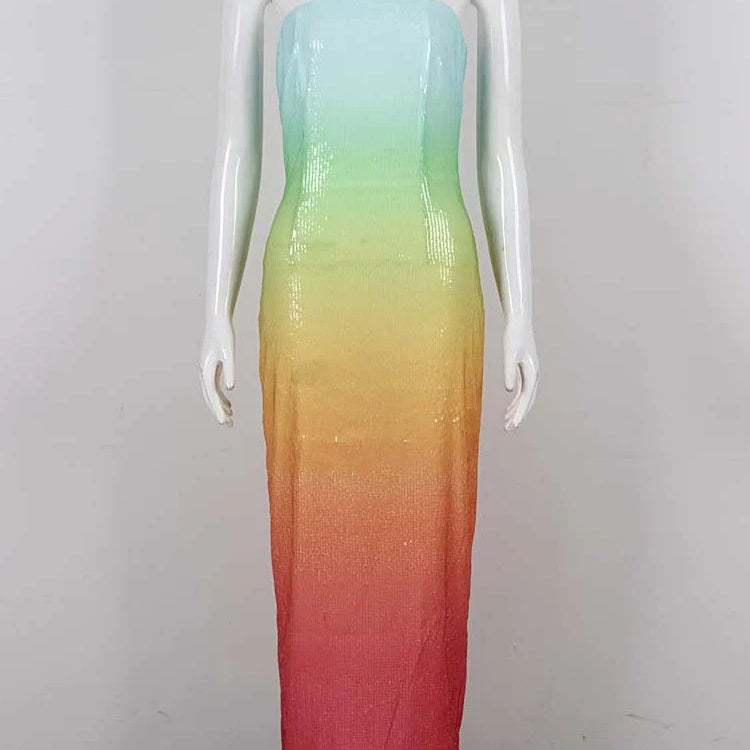 Summer Sexy Strapless Rainbow Sequins Long Dress Women Colorful Sequins Backless Bodycon Dress Cocktail Party Club Dresses Colorful 1