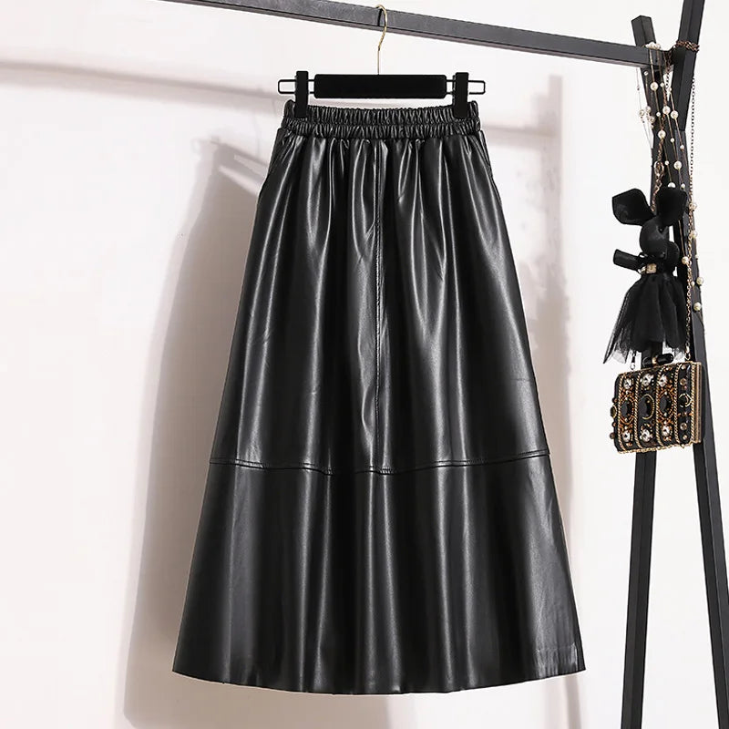 Large Size 4XL Black Long Vintage Faux Leather Skirt Women Autumn Winter Fashion A-Line Skirt Female Elegant PU Skirt black