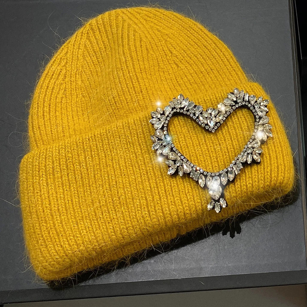 Luxury Heart Rhinestone Winter Beanies Women Solid Color Real Rabbit Fur Knitted Hat Lady Fashion Warm Pullover Caps Gifts yellow Adult