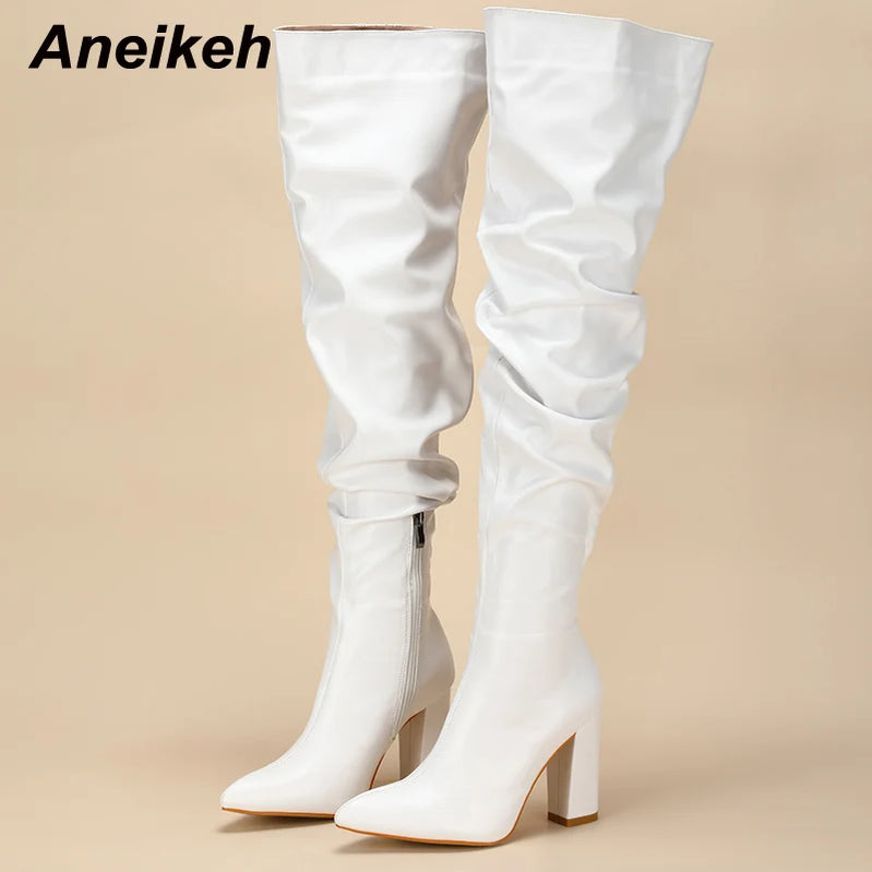 Design White Pleated Leather Over The Knee Boots Fashion Runway Thick High Heels Sexy Pointed Toe Zip Womans Shoes