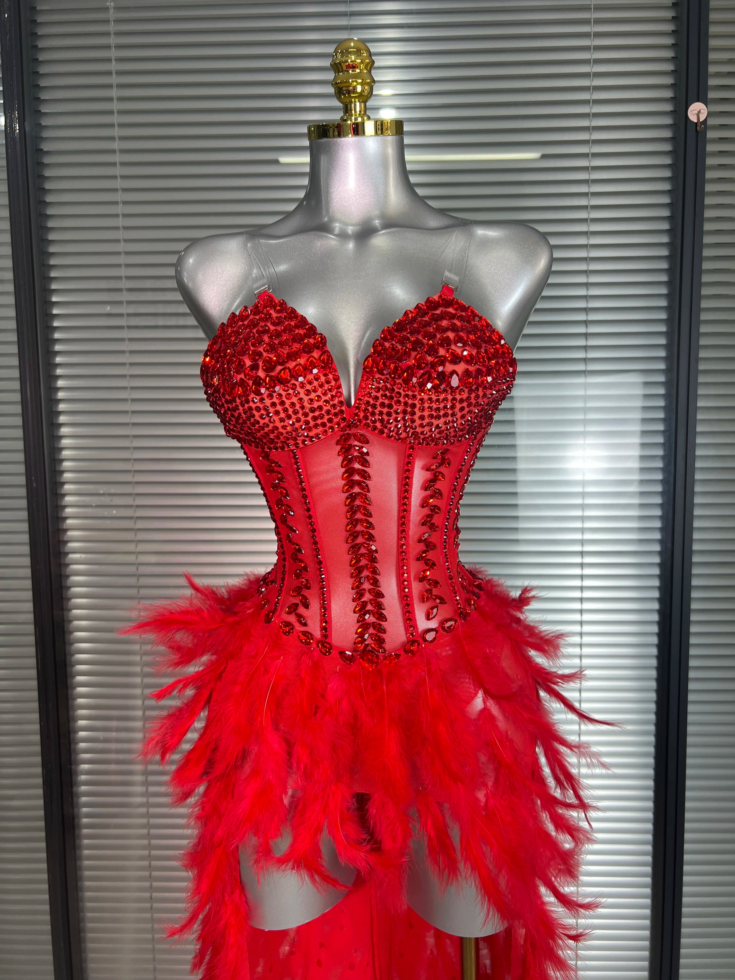 Women Sexy Mesh Feathers Stage Costume Stage Red Stretchy Night Club Bodysuit Party Maxi Dress