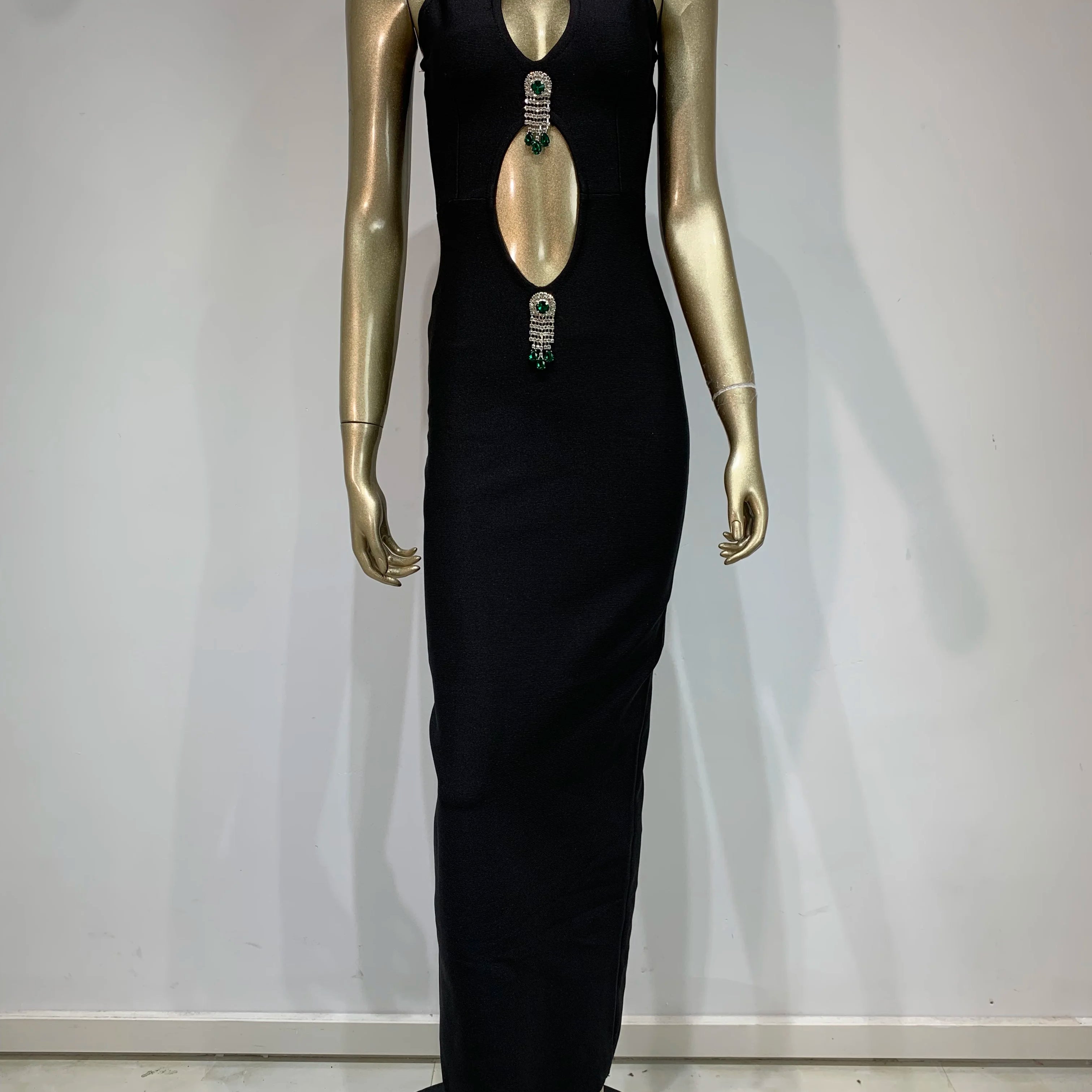Women Sexy Tank Sleeveless Diamonds Key Hole Black Maxi Long Celebrity Bandage Dress 2025 Elegant Evening Club Party Outfit