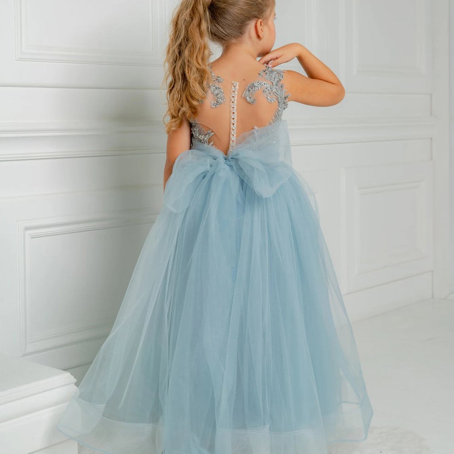 2-14 Years Lace Tulle Flower Girls Dress Princess for Kid Child Wedding Party Junior bridesmaid Maxi Ball Gown Evening