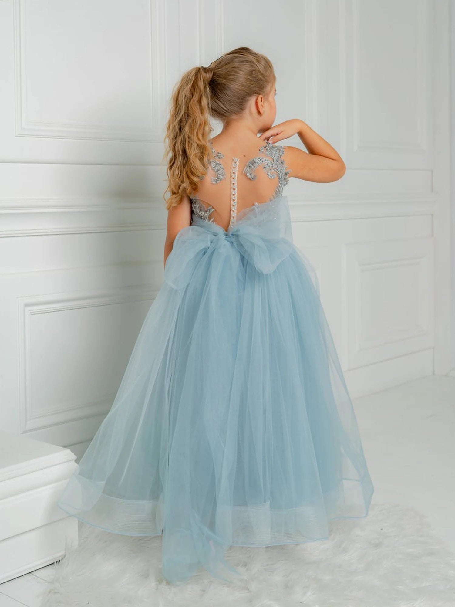 2-14 Years Lace Tulle Flower Girls Dress Princess for Kid Child Wedding Party Junior bridesmaid Maxi Ball Gown Evening