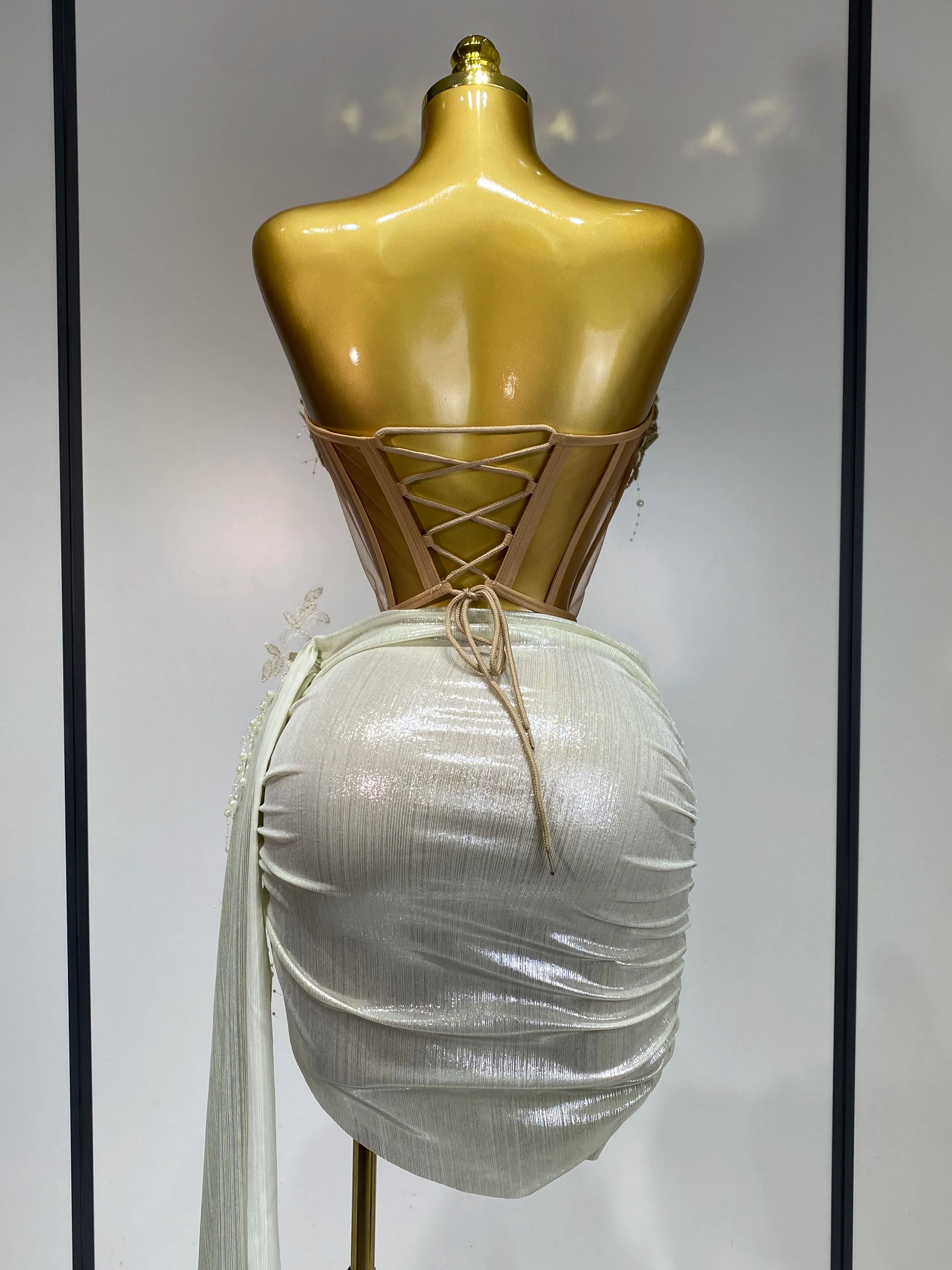 Elegant Sexy Pear Mesh See Through Two Piece Set Women Luxury Birthday Party Prom Gown Singer Nightclub Hotwife Stage Outfit