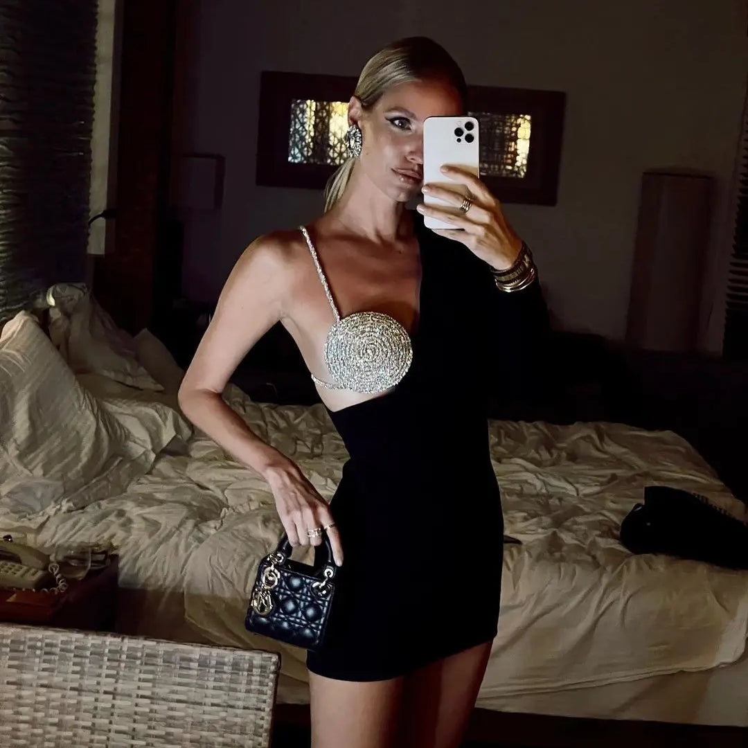 Factory Wholesale Women's Black Spaghetti Strap Rhinestones Mini Sexy Boutique Celebrity Cocktail Party Bandage Dress