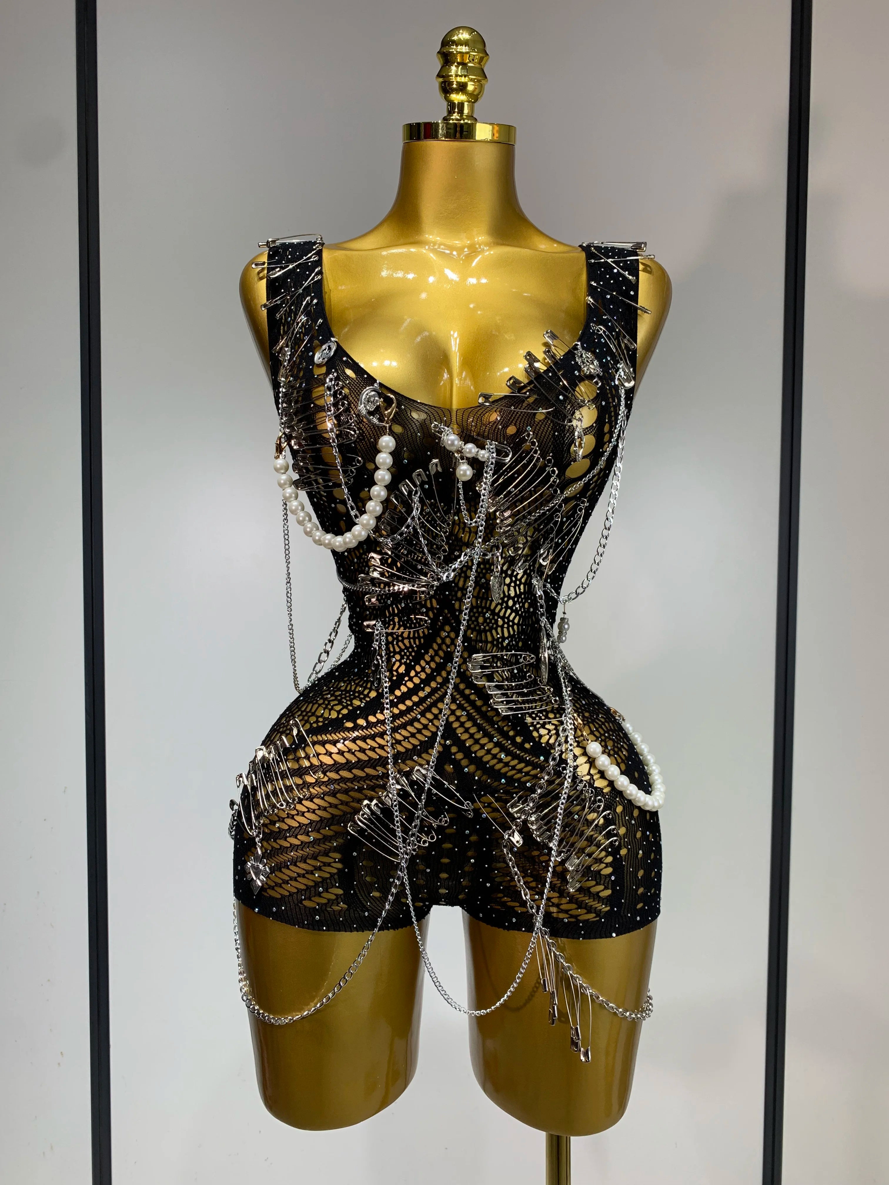 Macacão feminino elástico sexy com recortes de cristal brilhantes para boate DJ, roupa para cantoras e dançarinas