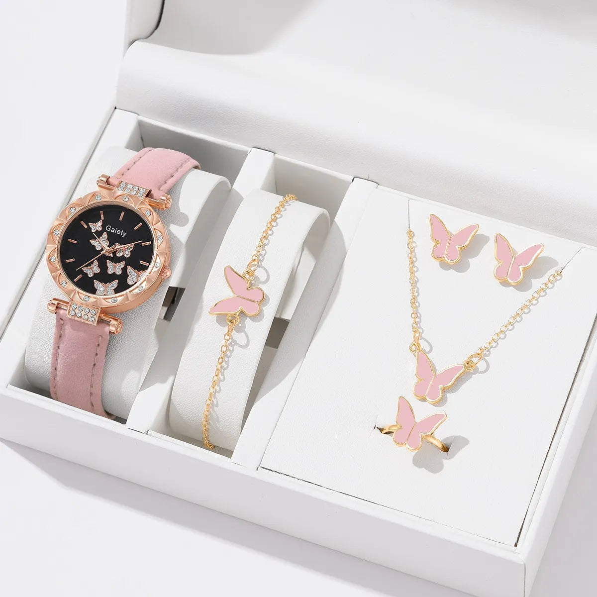 6pcs Luxury Watch Women Ring Necklace Earrings Bracelet Set Watches Butterfly Leather Strap Ladies Quartz WristWatch No Box 6pcs set pink 4691