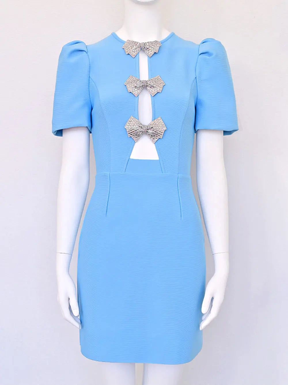 2024 Sexy Women's Water Diamond Butterfly Knot Design Bandage Dress O-Neck Bubble Short Sleeve Hollow Bodycon Mini Dress Vestido