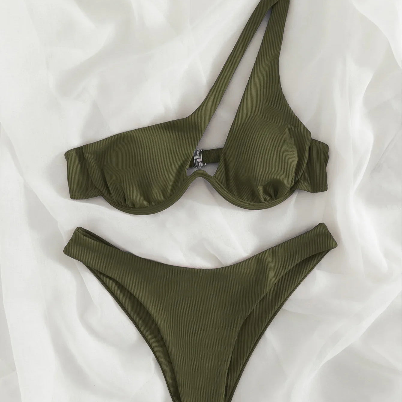 Sexy Push Up Bikini Set Women Cut Out Swimsuit Summer One Shoulder Swimwear Female Bathing Suit Beachwear Lady High Waist Bikini dark green