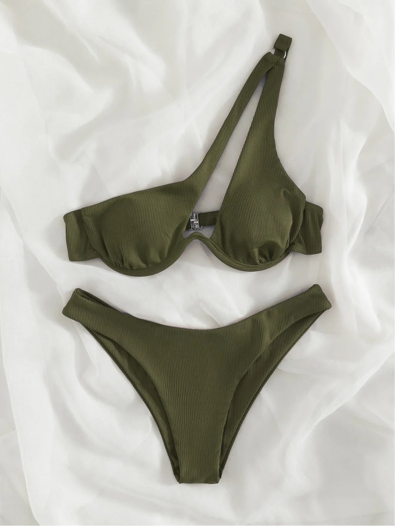 Sexy Push Up Bikini Set Women Cut Out Swimsuit Summer One Shoulder Swimwear Female Bathing Suit Beachwear Lady High Waist Bikini dark green