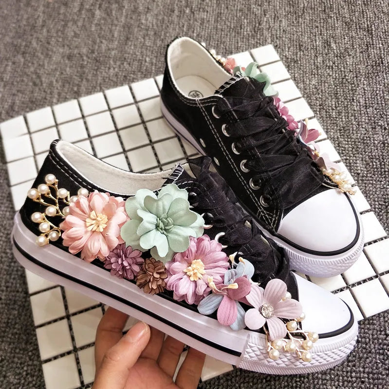 Korean Fantasy 7 Color DIY Flowers Vulcanized Shoes Pearl Hand-Made Designer Women's Rhinestone Platform Canvas Shoes black
