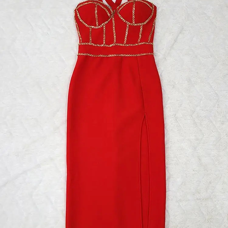 Ailigou High Quality Brand New Red Chain Sleeveless V-Neck Tight Midi Bandage Dress Tights Celebrity Club Party Dress Vesidos