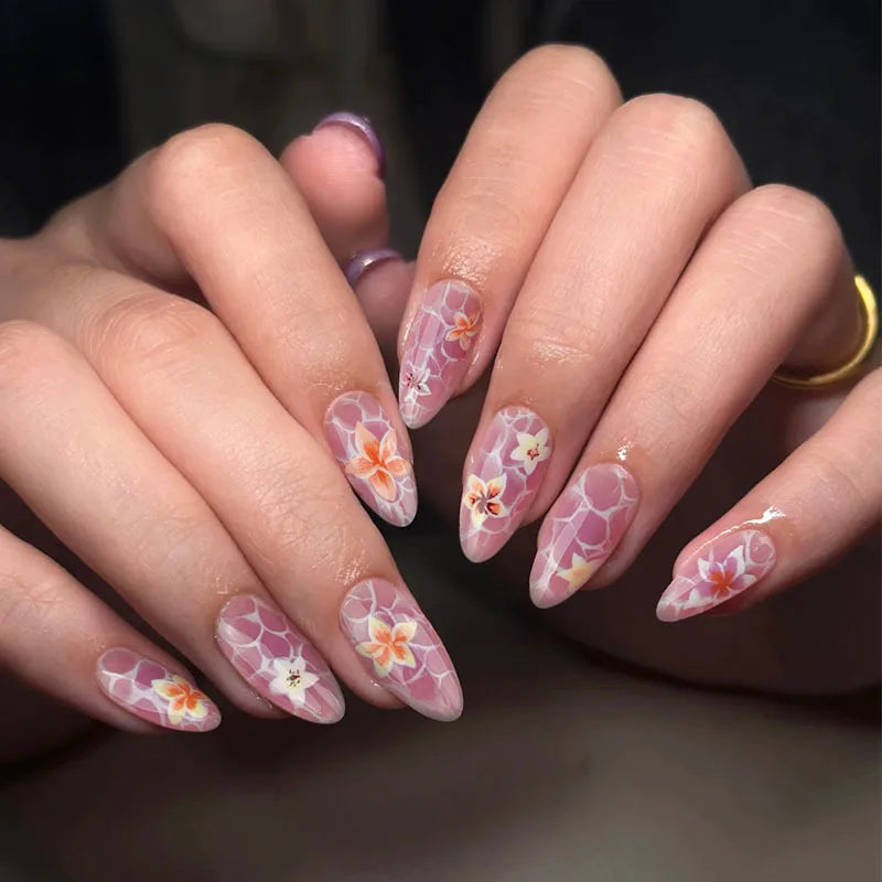 24pcs Sweet Rose Pattern False Nails Ins Korean Girl Fake Nails Tips Wearable Detachable Sweet Cool Almond Press on Nails