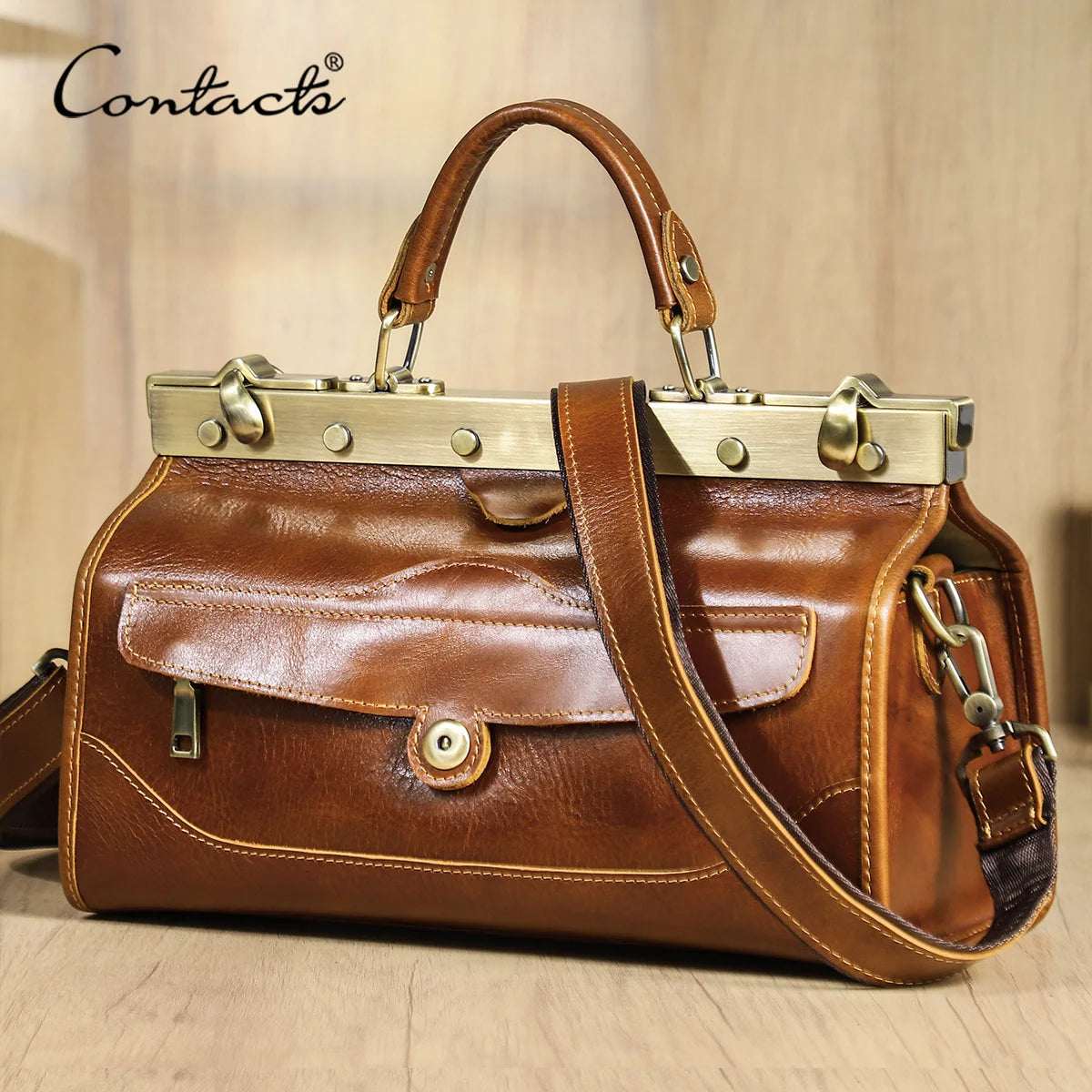 CONTACT'S Genuine Leather Top Handle Bags for Women Sling Shoulder Bags Tote Bag Handbags Metal Frame Female Bags Office Ladies
