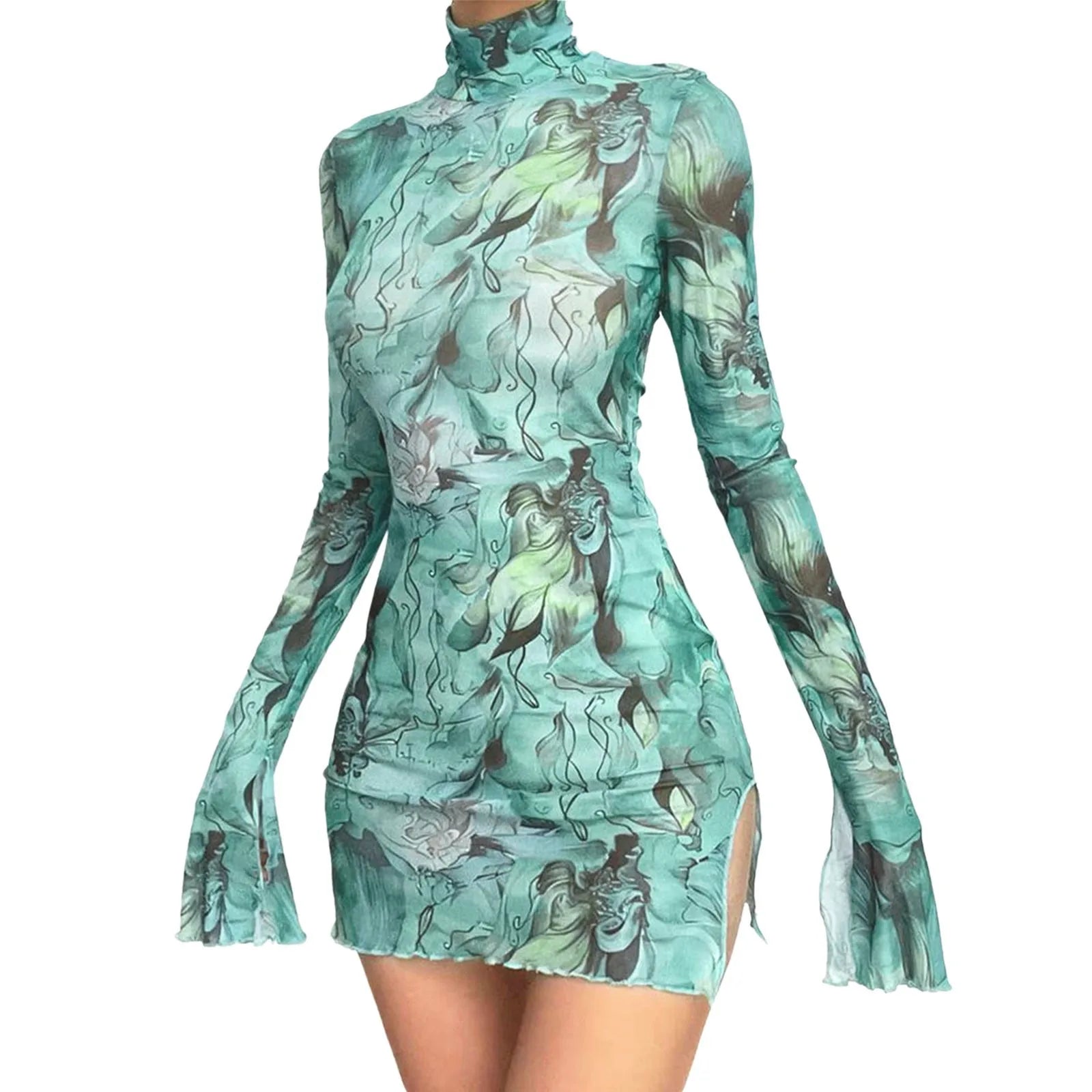 Women'S Dresses Free Shipping Ladies Mesh Printed Round Neck Bell Sleeve Side Open Hip Dress Sexy Stretch Slim Mini Skirt Y2k Green CHINA