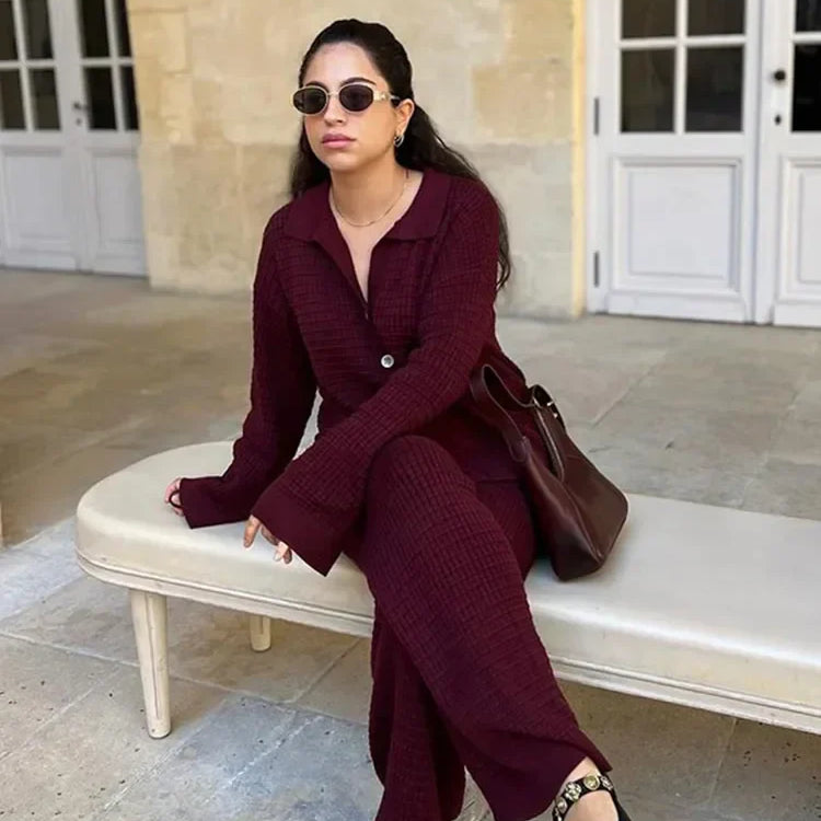 Autumn Women Wine Red Knit Sweater 2 Peice Sets V-neck Cardigan Coats High Waist Wide Leg Pants Ladies Fashion Casual Suits