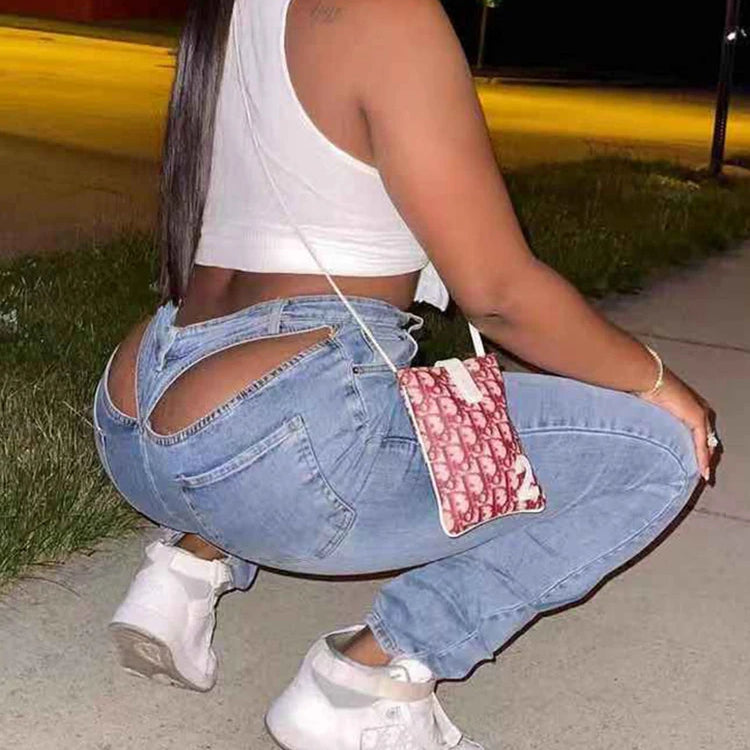Cut Out Tight Pencil Jeans Women Denim Streetwear High Waist Vintage Wash Skinny Long Trousers Fairycore Grunge Pants