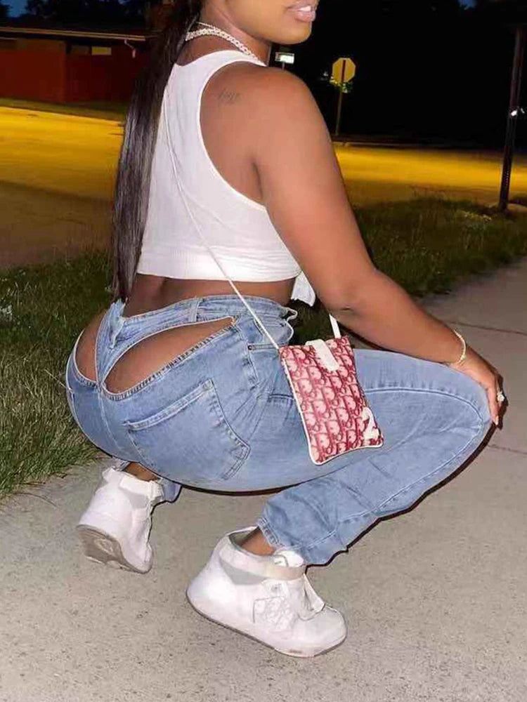 Cut Out Tight Pencil Jeans Women Denim Streetwear High Waist Vintage Wash Skinny Long Trousers Fairycore Grunge Pants