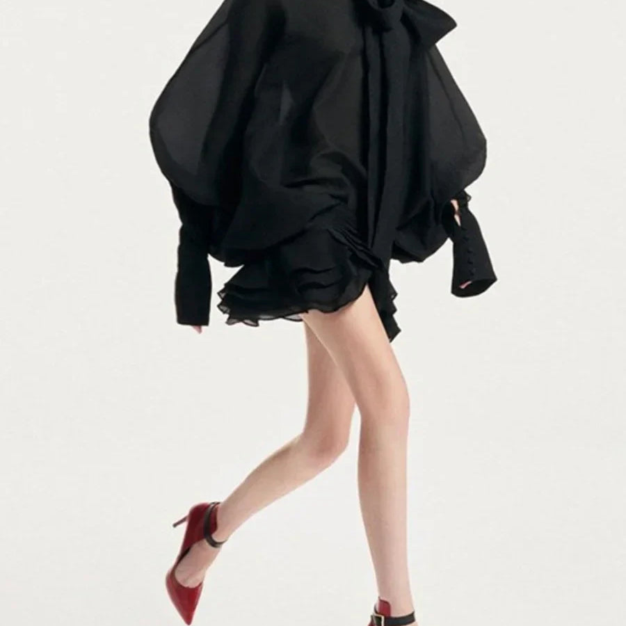 Solid Slimming Fashion Mini Dresses for Women Round Neck Long Sleeves Patchwork Lace Up Temperament Dress Female