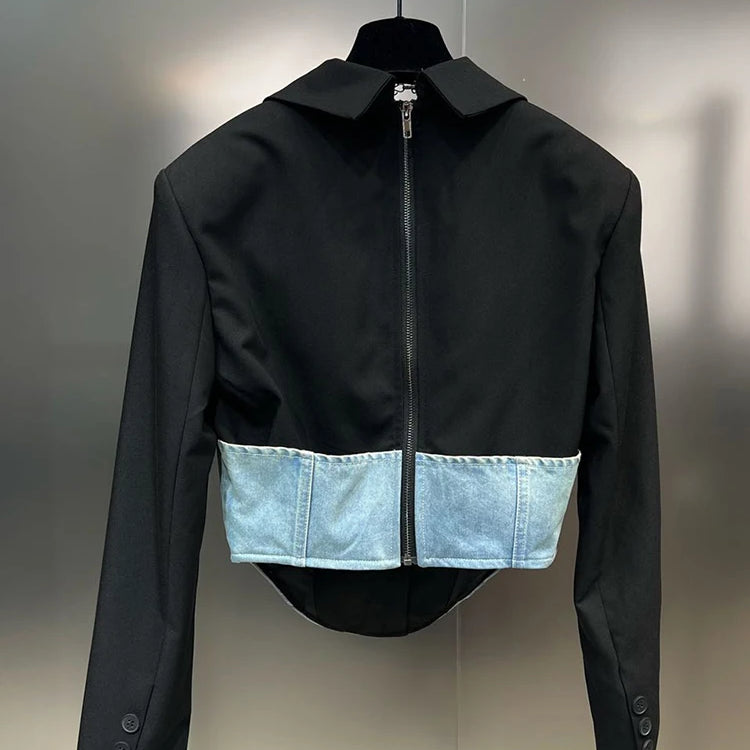 Color Patchwork Belt Casual Blazer For Women Notched Collar Long Sleeve Tunic Temperament Blazers Female Fashion Style