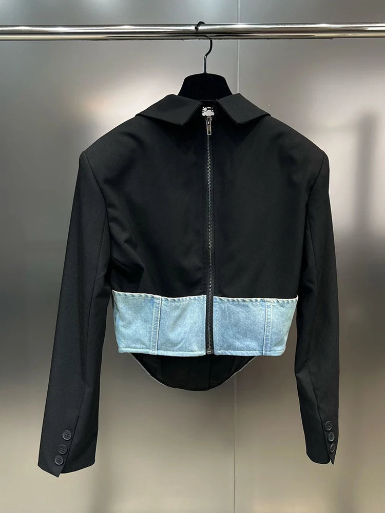 Color Patchwork Belt Casual Blazer For Women Notched Collar Long Sleeve Tunic Temperament Blazers Female Fashion Style