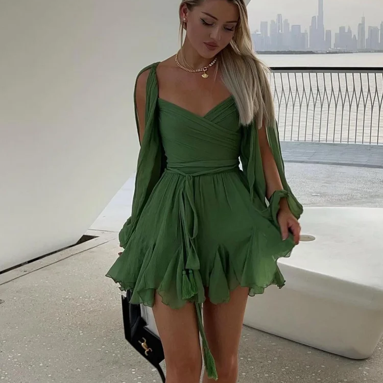 Chiffon Green Ruffles Mini Dresses Women Elegant Long Sleeve A Line Beach Robe Fashion Lady Ruffles Holiday Summer Party Vestido