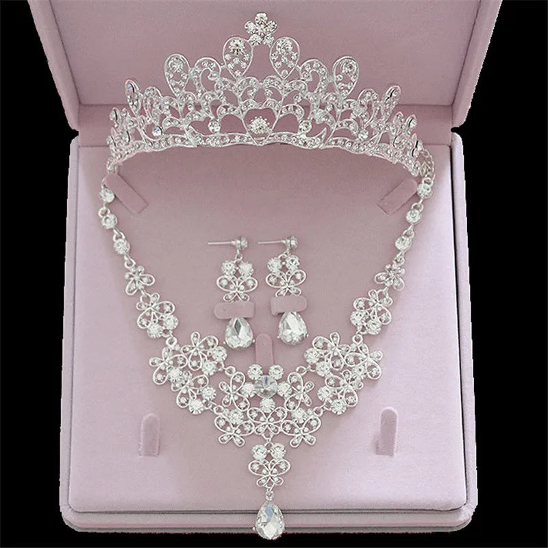Bridal Jewelry Sets Crown Necklace Earrings Four Pack Silver Colour Women's Fashion Wedding Tiaras